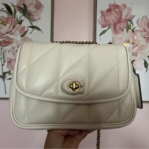 Coach Cream Quilted Shoulder Bag with Gold Chain
